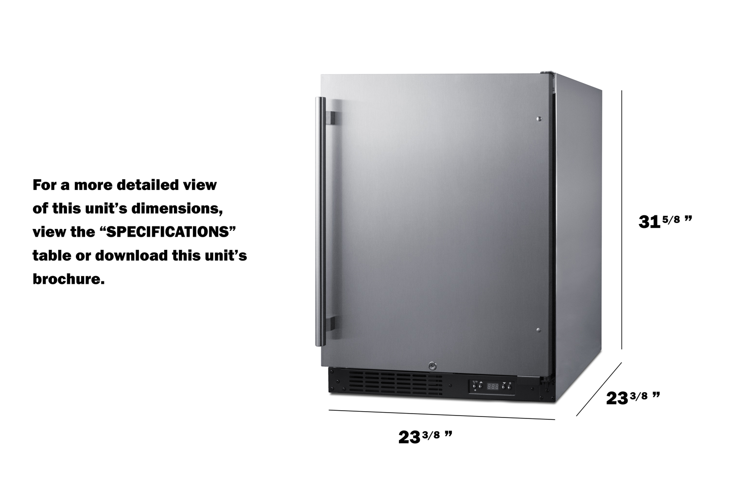 Built-in undercounter ADA compliant frost-free all-freezer with stainless steel exterior, door storage, lock, and digital controls